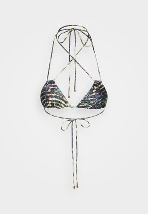Triangular biustonosz bikini w kolorowy zwierzęcy wzór. Posiada cienkie, regulowane ramiączka, wiązania z tyłu i na szyi oraz metaliczne akcenty.