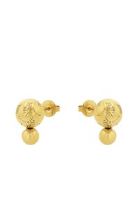 Pendientes en tono dorado que presentan una parte superior esférica texturizada con grabados florales y una cuenta redonda y lisa en la parte inferior. Cierre de mariposa para un ajuste seguro.