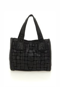 Borsa a borsa in pelle intrecciata nera con forma quadrata, manici corti e delicati dettagli di cucitura. La superficie testurizzata aggiunge profondità al design.