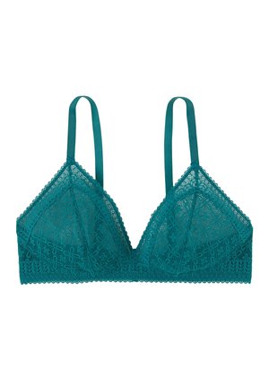 Bralette en dentelle teal avec bretelles ajustables, motif floral et bords festonnés, présenté sur fond blanc.