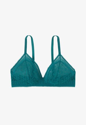 Bralette en dentelle teal avec bretelles ajustables, motif floral et bords festonnés, présenté sur fond blanc.