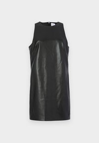 Αμάνικο μαύρο δερμάτινο φόρεμα με λεία υφή, εφαρμοστά γραμμή και κλείσιμο με φερμουάρ στην πλάτη. Απλός, μινιμαλιστικός σχεδιασμός.