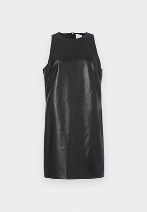 Ilma varrukateta must nahkkleit, millel on sile tekstuur, kehakujuline lõige ja selja mõmmi sulguri sulgemine. Lihtne, minimalistlik disain.