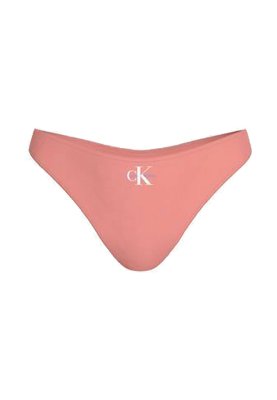 Coralroze low-rise bikinibroekje met een wit "CK"-logo in het midden aan de voorkant.