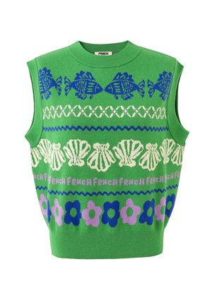 Groen mouwloos gebreid topje met een patroon van blauwe vissen, witte schelpen en paarse en blauwe bloemen over de voorkant.