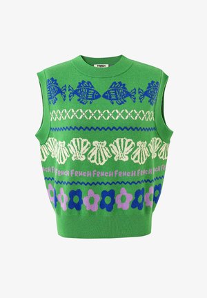 Groen mouwloos gebreid topje met een patroon van blauwe vissen, witte schelpen en paarse en blauwe bloemen over de voorkant.