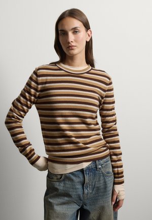 Junge Frau mit langen braunen Haaren trägt braun-beigen gestreiften Pullover über einem hellen Hemd und blauen Jeans, stehend vor einfarbigem Hintergrund.