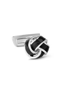Silver cufflink with a black enamel knot design. Rectangular backing with a polished finish, featuring smooth curves and glossy texture.