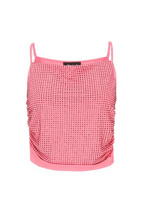 Roosa kampsun, millel on reguleeritavad rihmad, tekstuurne pind, mida kaunistavad väikesed läikivad nupud ja soonikdetailid külgedel.