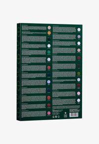 Un emballage de produit coloré avec un fond vert foncé présentant divers échantillons de couleurs circulaires et des descriptions textuelles détaillées alignées verticalement.