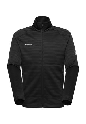 Schwarze Fleecejacke mit durchgehendem Reißverschluss und hohem Kragen, strukturierter Stoff, Mammut-Logo auf Brust und Ärmel sowie seitliche Reißverschlusstaschen.