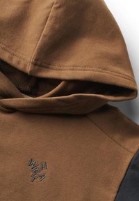 Felpa cappuccio marrone in morbido tessuto, con maniche scure, dettaglio ricamato "WEAT" e vestibilità rilassata.