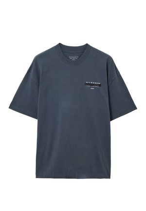 Dark gray short-sleeve crewneck t-shirt with small white and black AllSaints logo and text on the upper left chest.