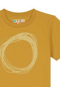 Gelbes Baumwoll-T-Shirt mit einem runden, beigen, krakeligen Design auf der Vorderseite. Verfügt über einen gerippten Rundhalsausschnitt und kurze Ärmel.