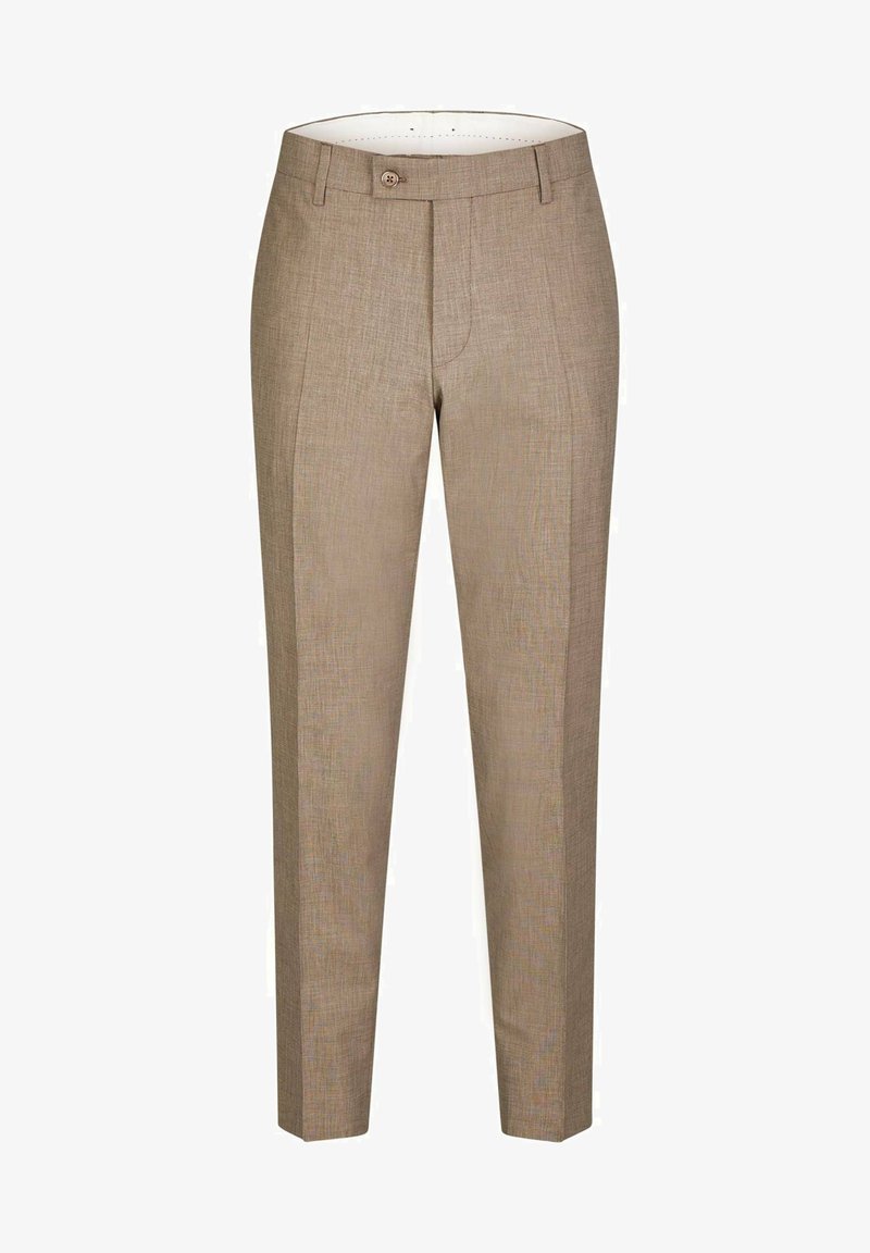 Beige broek in een gestructureerde stof, met een platte voorkant, riemlussen en een enkele knopen sluiting bij de taille.