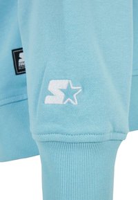Ljusblå sweatshirt med ribbade muddar. Har en vit broderad logotyp och en svart tyglapp på sidan. Mjuk, texturerad tyg.