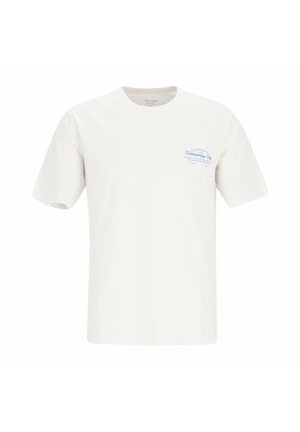 White short-sleeve crew neck t-shirt with small blue printed text design on the upper left chest.