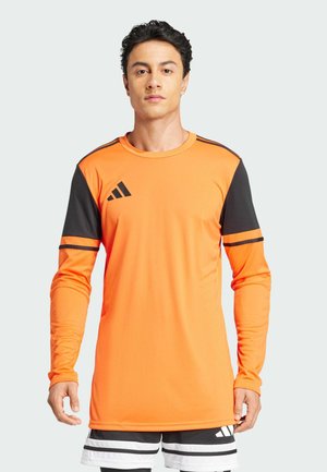 Langärmliges Sportshirt in leuchtendem Orange mit schwarzen Akzenten und Streifen, mit einem Rundhals und einem schlanken Schnitt.