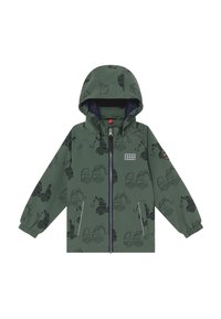 Grüne wasserdichte Jacke mit Kapuze, versehen mit schwarzen Lkw-Mustern, zwei Vordertaschen und einem Reißverschluss. Weiche Innenauskleidung.