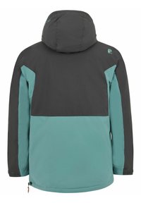 Vandafvisende jakke med et to-farvet design, hvor den øverste del er mørkegrå og den nederste del er teal, udstyret med hætte og sidelommer.