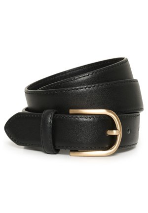 Cintura in pelle nera con fibbia in metallo dorato, caratterizzata da una superficie liscia e fori perforati per la regolazione.