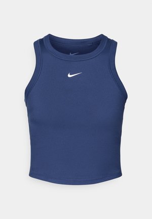 Canotta sportiva blu navy realizzata in un tessuto liscio e elastico. Presenta un collo rotondo e un logo Nike bianco sul petto.