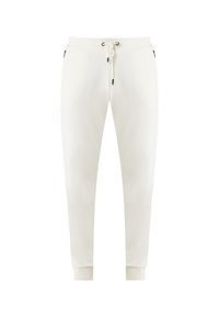 Vita sweatpants gjorda av mjukt tyg, med en elastisk midja med dragsko, sidofickor och muddade fållar.