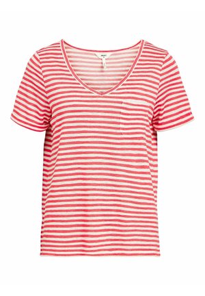 Rød og hvid stribet kortærmet T-shirt med V-udskæring og lomme på venstre bryst. Lavet af blødt, letvægts materiale.