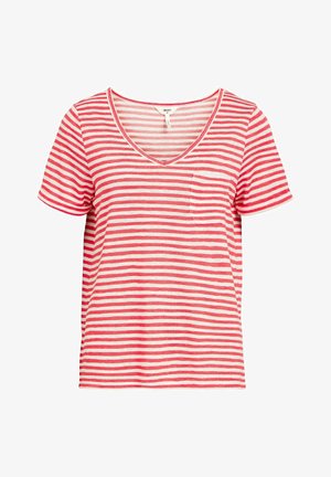 Punane ja valge ribaemustusega lühikeste varrukatega T-särk V-kaeluse ja vasakul rinnal taskuga. Valmistatud pehmest, kergest kangast.