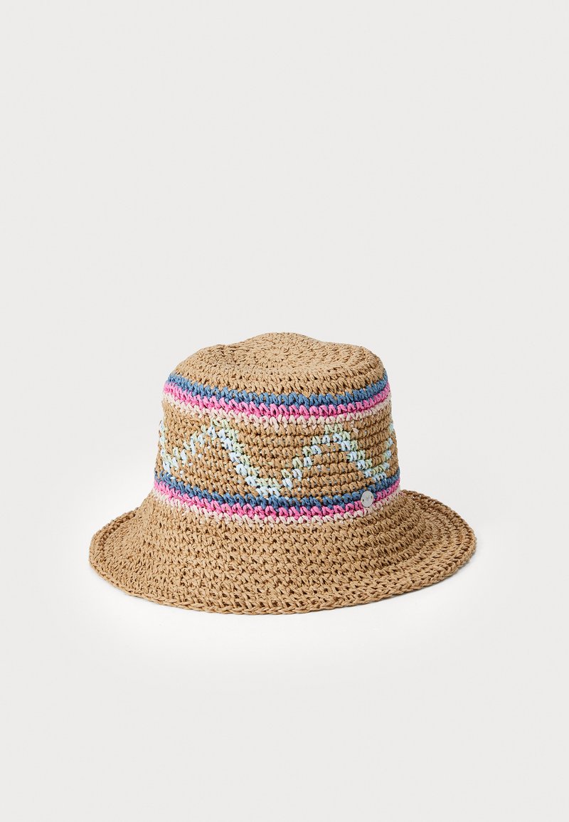 Woven straw bucket hat in natural color with a wide brim. Features a multicolor pattern of pink, blue, and light blue yarn around the crown.