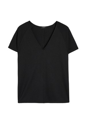 Black short-sleeve top with a V-neck design, featuring a smooth texture and straight hem. Raglan sleeves provide a relaxed fit.