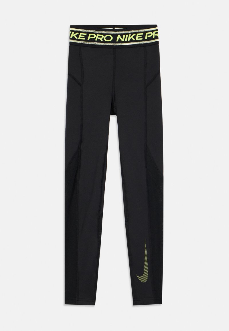 Juodos sportinės legginsės, prigludusios prie kūno, su plačiu juosmeniu, paženklintu "NIKE PRO" neoninės geltonos spalvos ir akcentiniais elementais šonuose.