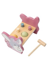 Wooden toy with a pink animal-shaped frame; features five colored pegs (yellow, green, blue, pink, cream) and a wooden hammer.