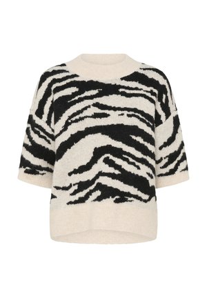 Pull en tricot noir et blanc à rayures zèbre avec des manches courtes, un col rond et un matériau texturé doux. Coupe légèrement oversize.
