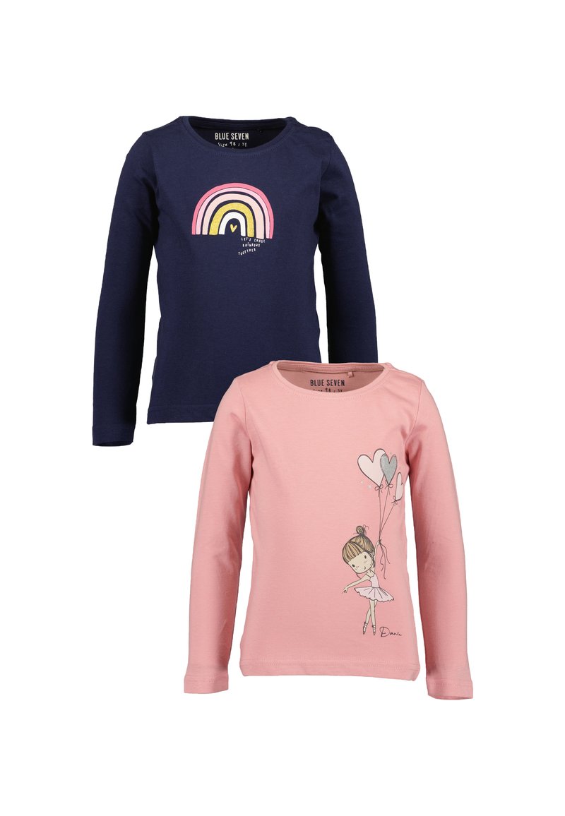 Ensemble de deux chemises à manches longues : l'une est bleue marine avec un graphique d'arc-en-ciel, l'autre est rose et présente une ballerine avec des ballons en forme de cœur. Tissu en coton doux.