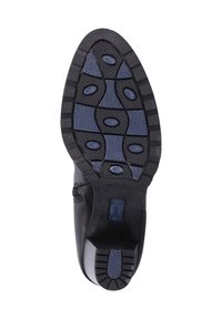 Suela de zapato negra con goma texturizada, que presenta un patrón de agarre azul y acentos ovalados. Observa la etiqueta "BLUE GRIP" en el costado.