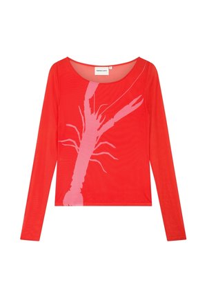 Red long-sleeve shirt with a large pink lobster graphic on the front and a round neckline.