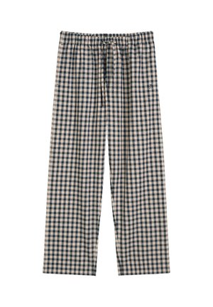 Geruite pyjamabroek in marineblauw en crème, met een wijde pijp, een elastische tailleband en een trekkoord voor aanpassing.