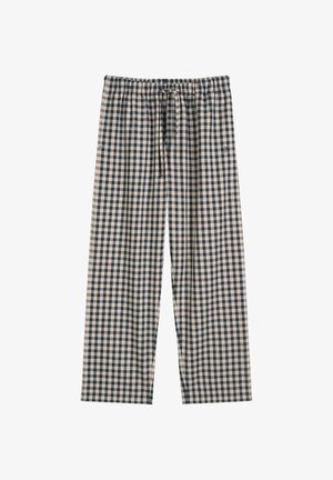 Geruite pyjamabroek in marineblauw en crème, met een wijde pijp, een elastische tailleband en een trekkoord voor aanpassing.