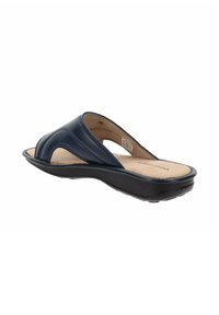 Infradito blu navy con tomaia in pelle liscia e soletta beige sagomata. Suola nera texturizzata per una migliore aderenza. Design con cinturini.