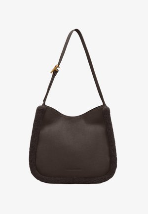 Brown leather handbag with a soft, textured fur trim. Features a wide, curved shape and a single adjustable strap. Gold hardware accent.
