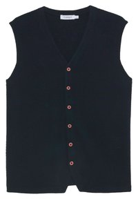 Gilet nero senza maniche in maglia con scollo a V e sei bottoni rossi sul davanti.