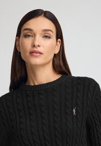 Svart stickad tröja med ribbad kabeldesign och en liten broderad logotyp på bröstet. Klassisk runt halsringning. Mjuk textur.
