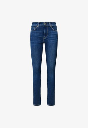 Kape kahju sinised teksad, mis on valmistatud siledast denimist. Kõrge vöökoht, millel on esipocketid ja kontrastsed kollased õmblused.