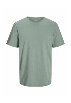 T-shirt vert clair à manches courtes en tissu doux, avec un col rond et une coupe décontractée, présentant une texture subtile.