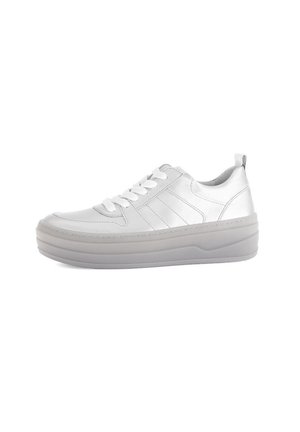 White low-top sneaker with thick gray sole, lace-up front, and smooth leather upper, shown in profile on a white background.
