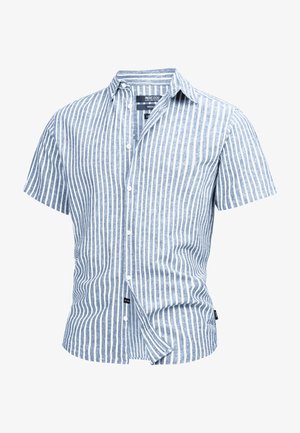 Košile s krátkým rukávem s modro-bílými vertikálními pruhy, zapínání na knoflíky, límeček, vyrobena z lehkého materiálu.