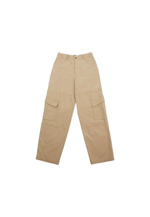 Beige cargo bukser laget av stoff, med to frontlommer og en avslappet, bred ben-design. Midjebåndet inkluderer en knapp og glidelås.