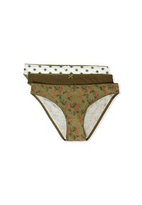 Three women's bikini briefs in stacked arrangement: olive green with orange leopard print, solid dark green, and white with green sun patterns.