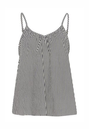 Bez piedurknēm, zils un balts vertikālais svītrojums, ar savelktu kakla izgriezumu un plānām siksnām. Audums šķiet viegls un mīksts.